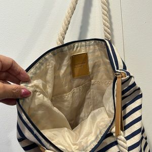 Summer and rose blue and tan striped beach bag with zipper and inside pockets
